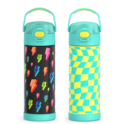 16oz FUNtainer® Water Bottles with Locking Lids Lightning Bolt & Wavy Checkers Teal Bundle